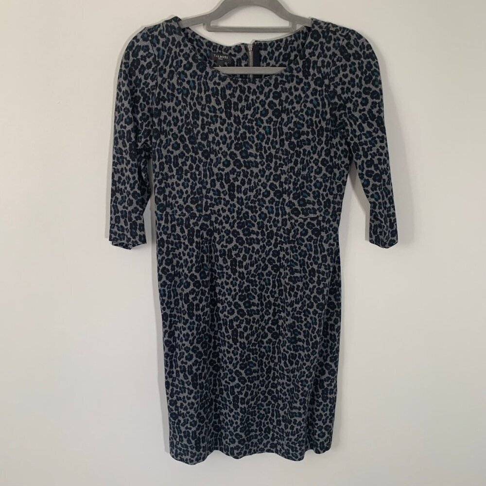 Talbots Petites Blue Gray Leopard Print 3/4 Sleeve Sheath Dress 2P‎
